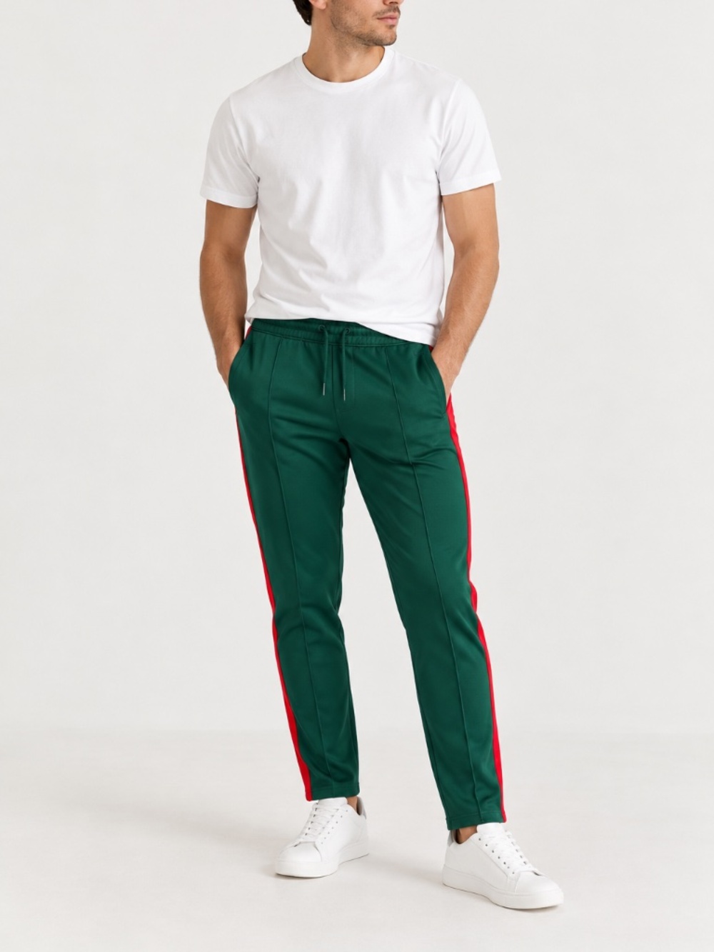 H&M Men’s Green Track Pants with Red Side Stripe Size M